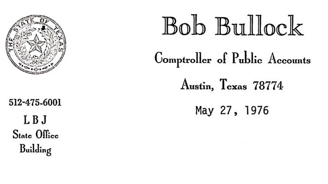 An early note of support for the PUCT from Comptroller Bob Bullock to Chairman Garrett Morris