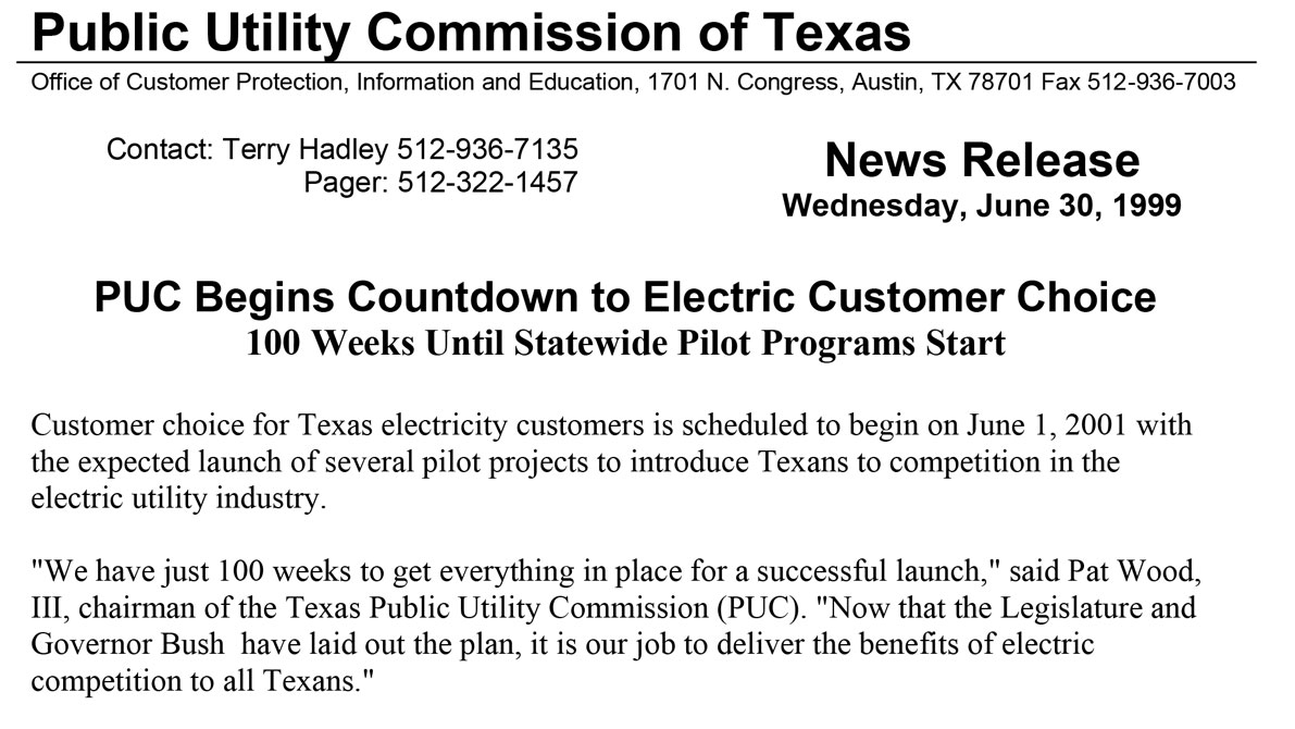 Critical to successfully launching consumer choice in electricity was educating the public about how they would be affected and how to exercise their choice. The PUCT began public outreach almost immediately, once SB 7 was signed into law and that outreach continues today through the Power to Choose website.