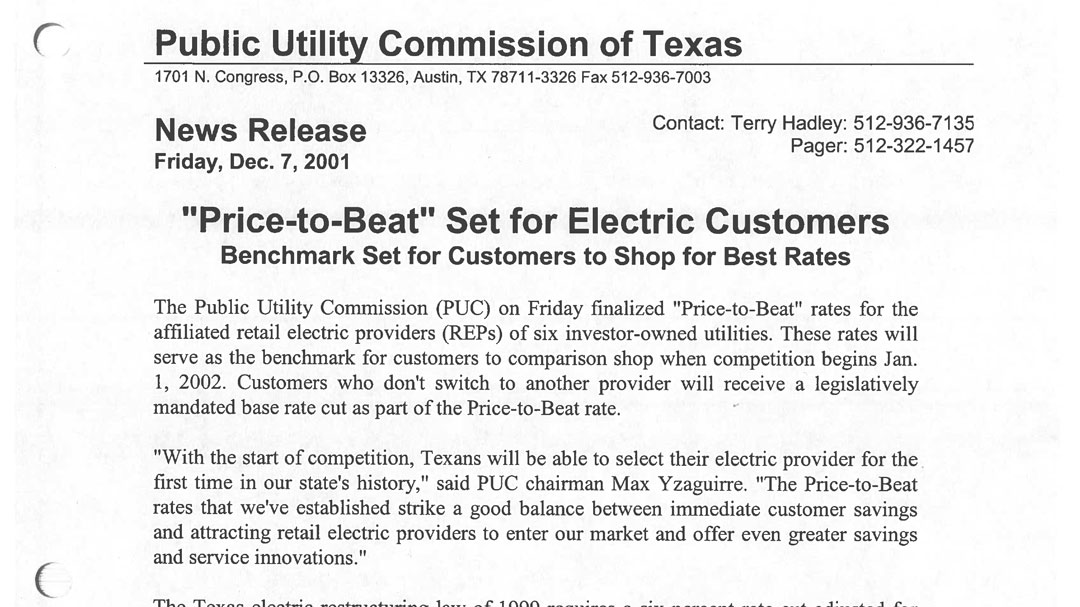 Press Release Announcing Setting of 