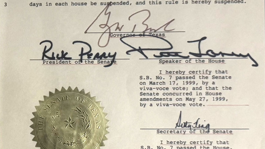 A signed copy of Senate Bill 7 from the 76th Texas Legislature, which brought consumer choice to Texans, allowing them to shop for electric plans and providers.