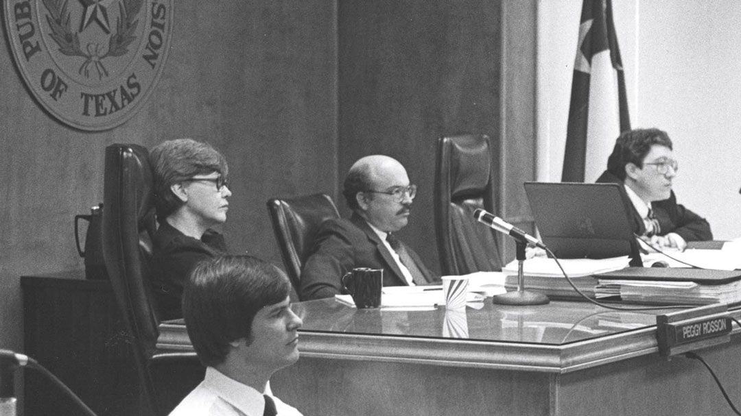 PUCT commissioners hold an open meeting in the Commissioners' Hearing Room at the Shoal Creek HQ.