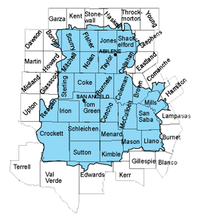 Map of the 325 Areacode.